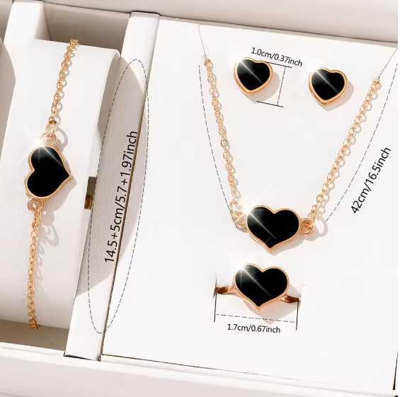 5 Piece Set Women Black Heart Jewelry High End Fashion