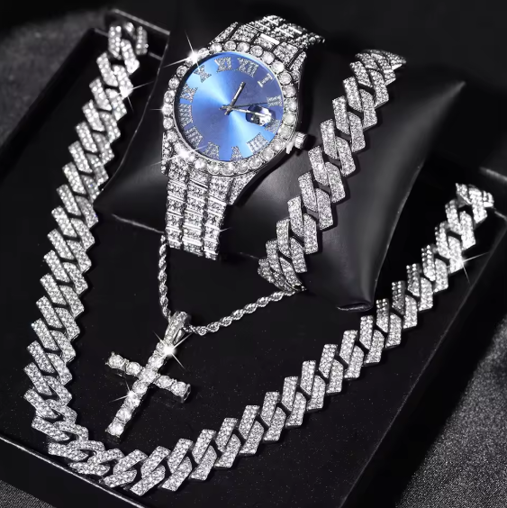 Iced Out Luxury Popular set Watch+Bracelet+Necklace With Gift Box Cuban Chain Cross Pendent Jewelry HipHop Style
