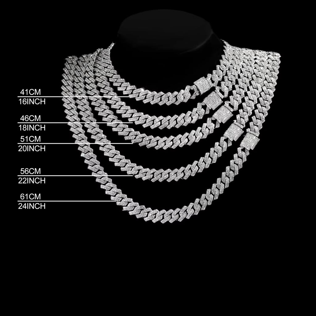 16/18/20/22/24Inch Prong Cuban Link Chain for Women Men Iced Out 2 Row Rhinestone Miami Rhombus Hip Hop Cuban Necklaces Jewelry