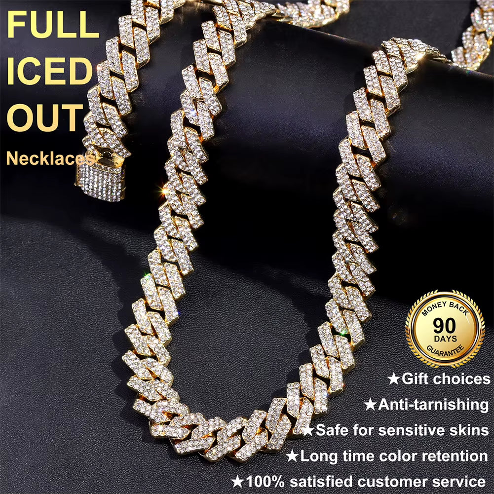 16/18/20/22/24Inch Prong Cuban Link Chain for Women Men Iced Out 2 Row Rhinestone Miami Rhombus Hip Hop Cuban Necklaces Jewelry