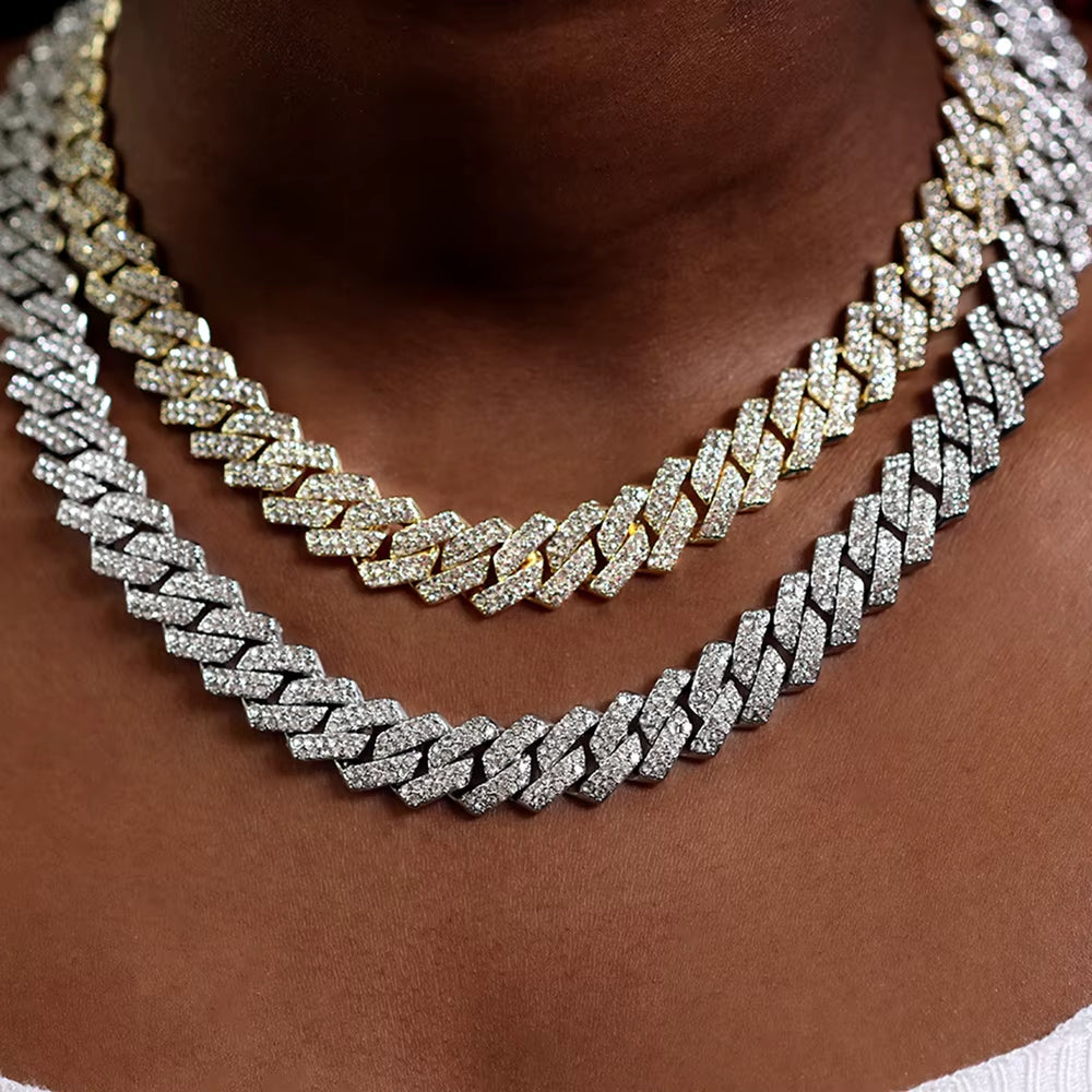 16/18/20/22/24Inch Prong Cuban Link Chain for Women Men Iced Out 2 Row Rhinestone Miami Rhombus Hip Hop Cuban Necklaces Jewelry