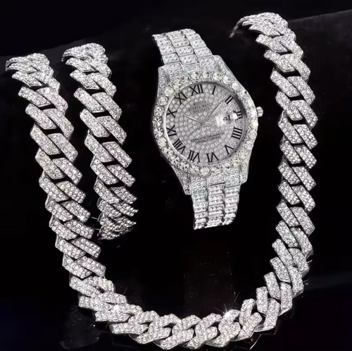 3pcs Necklace+Bracelet+Watch Cuban Chain Watch for Men Hip Hop Miami Curb Iced Out