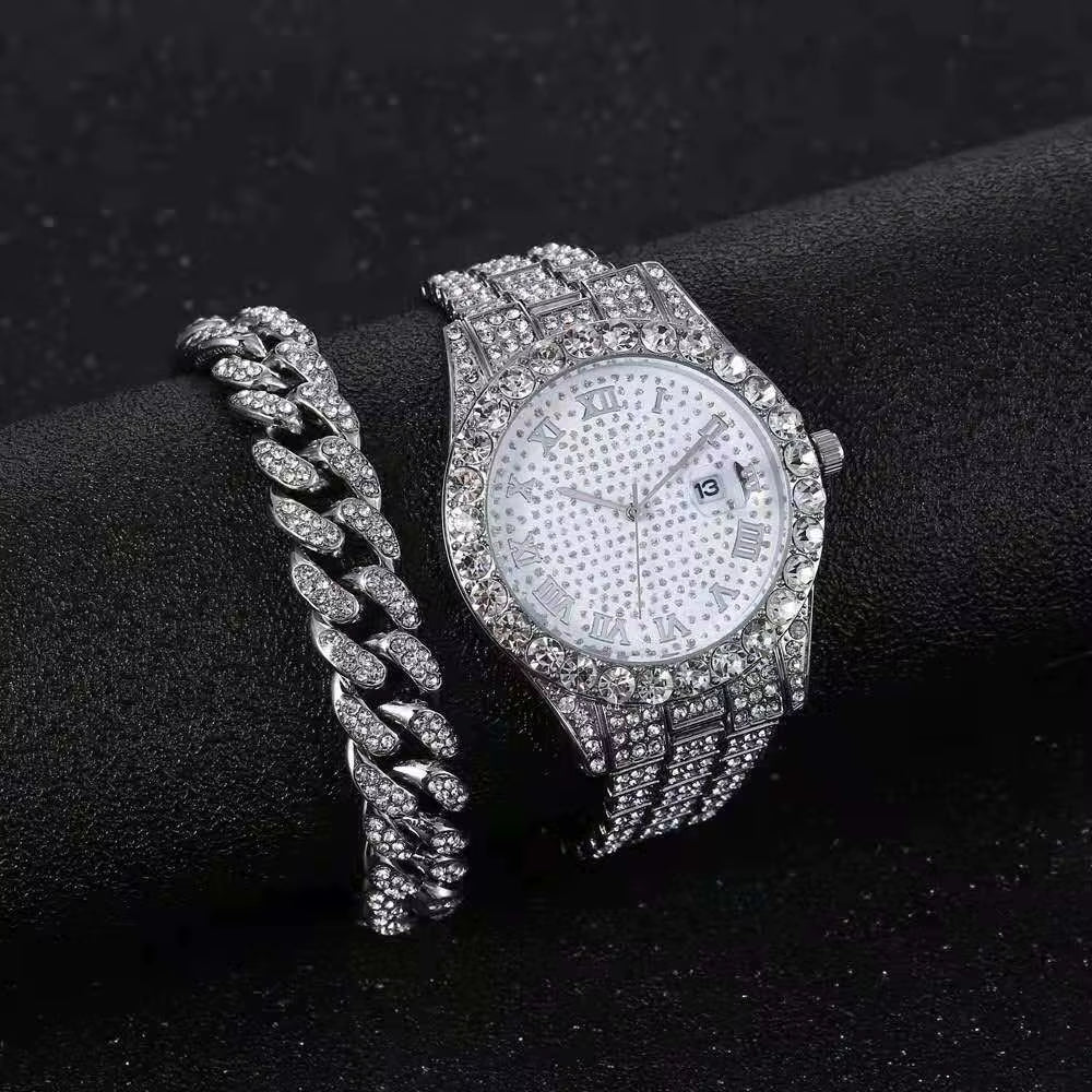 Iced Out Bracelet + Watches for Men Full Iced Out Watch Quartz Wristwatch Hip Hop Gold Diamond Mens Watch Set Reloj Dropshipping